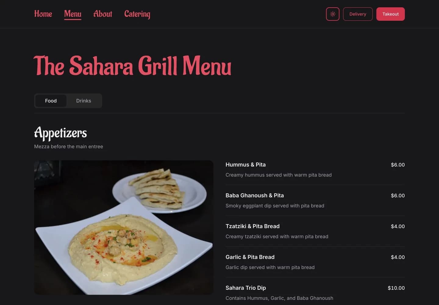 Sahara Grill desktop menu with Food and Drinks tabs, a hummus photo, appetizer descriptions and prices