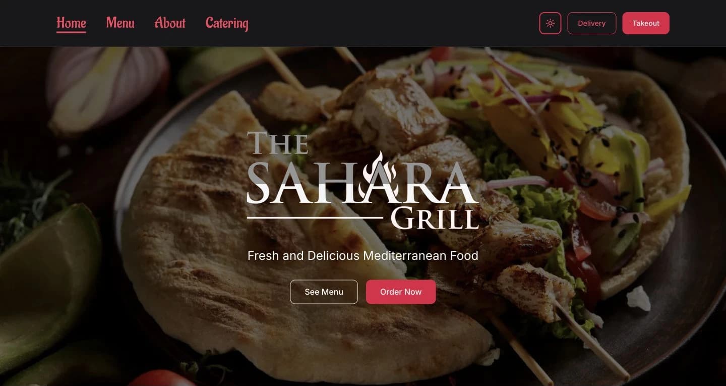 Sahara Grill homepage in Safari on a MacBook, with food photography and clear menu and ordering links