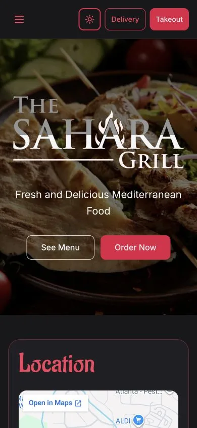 The same Sahara Grill homepage in an iPhone frame