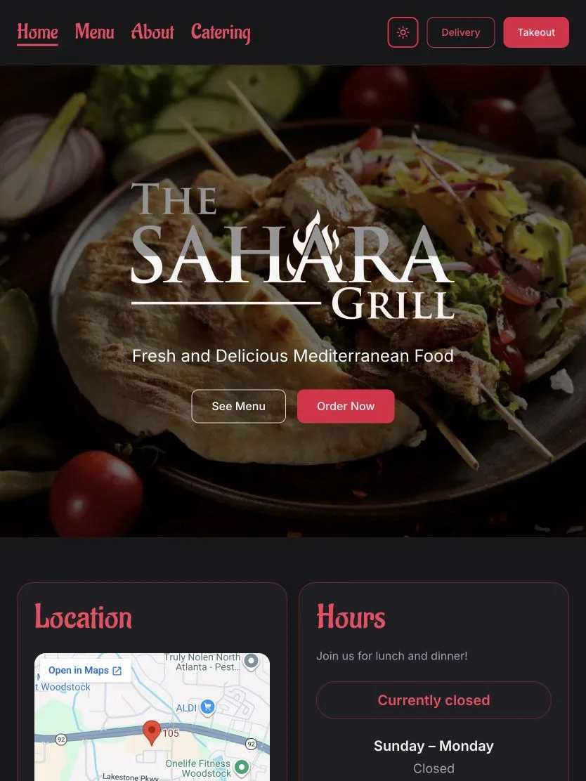Sahara Grill homepage adapted to a tablet