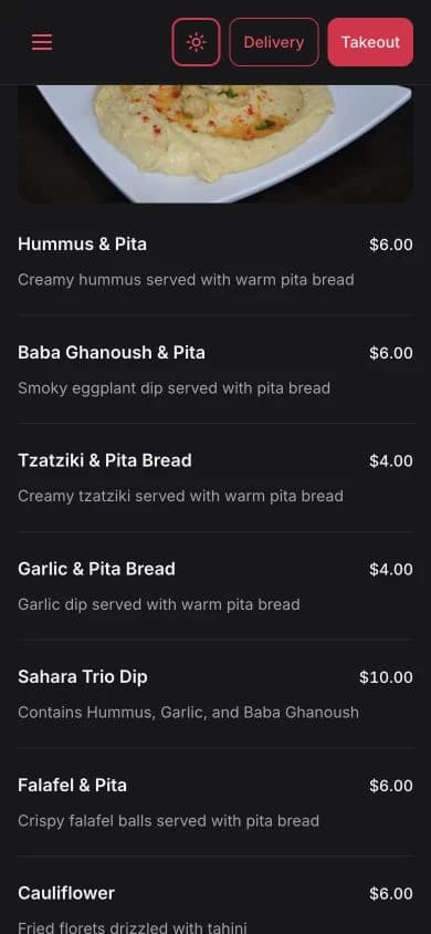 Published Sahara Grill menu items with editable names, descriptions and prices shown to guests on mobile