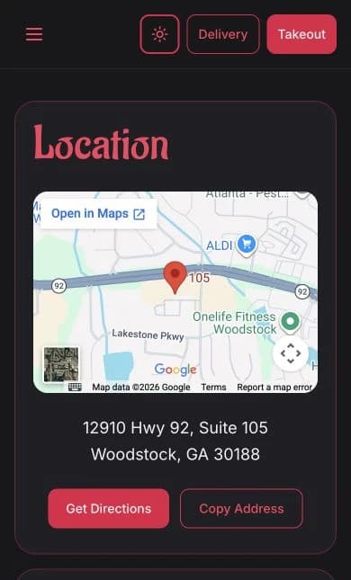 Sahara Grill mobile location card showing the map, Woodstock address and Get Directions button