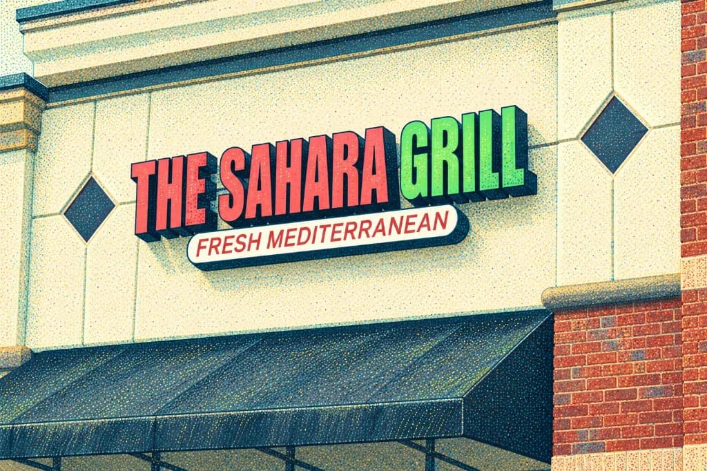 Sahara Grill’s storefront sign in Woodstock, Georgia